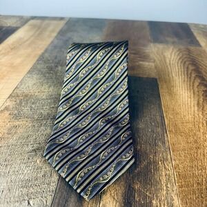 Faberge Mens Silk Tie Black Gold Purple Floral Diagonal Stripe Handmade USA